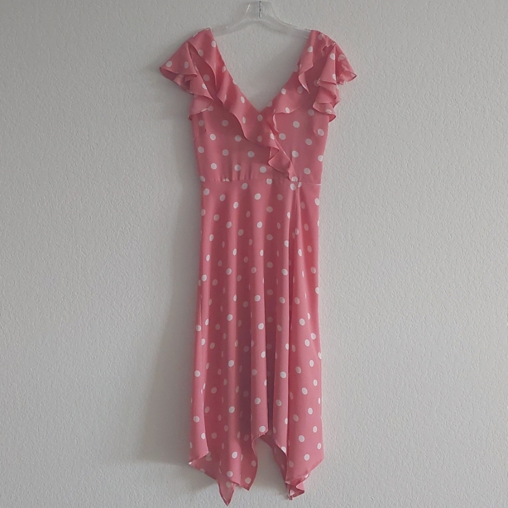 KENEDIK Ruffled Neckline Polka Dot Handkerchief Hem Dress NWOT